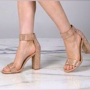 Jeffrey Campbell Lindsay Sparkly Rose Gold Block Heel Rhinestone Sandals Sz 7.5